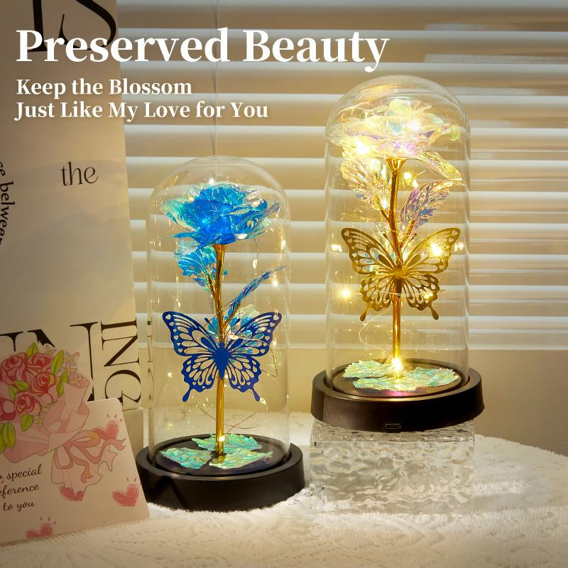 Valentines Day Rose Gifts for Her,Valentines Day Flowers Gifts for Mom Women Girlfriend,Birthday Gifts for Women,Valentines Gifts for Wife,Purple Butterfly Rose ，Colorful Light up Rose in a Glass Dome,Anniversary Valentines Roses Gift for Wife Daughter
