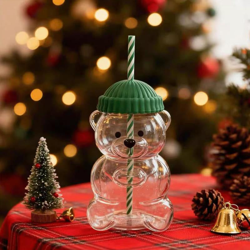 Holiday Bear Glass Cup with Straw, Cute Bear Cold Drink Cup, Festive Coffee & Beverage Glass, Adorable Bear Cup with Green Hat Lid, 2025 Seasonal Drinkware