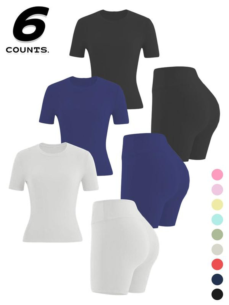 Women'S Two-Piece Set, Solid Color Tee & High Waist Skinny Shorts Tracksuit Set, Sporty Casual Breathable Set for Yoga Gym, Ladies Summer Sportswear, Activewear, Workout Running Clothes