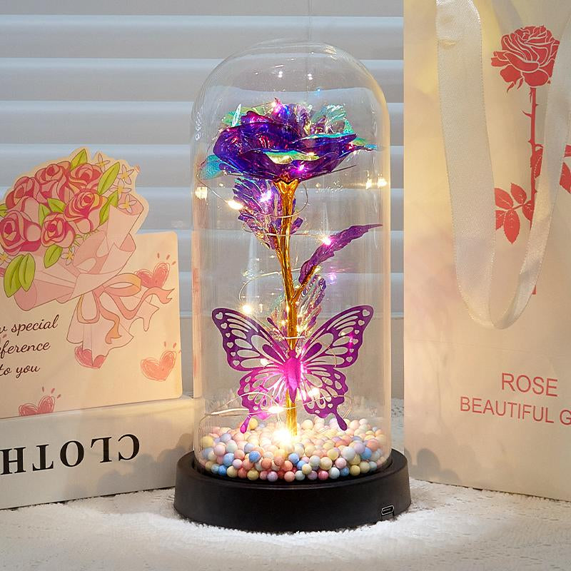 Valentines Day Rose Gifts for Her,Valentines Day Flowers Gifts for Mom Women Girlfriend,Birthday Gifts for Women,Valentines Gifts for Wife,Purple Butterfly Rose ，Colorful Light up Rose in a Glass Dome,Anniversary Valentines Roses Gift for Wife Daughter