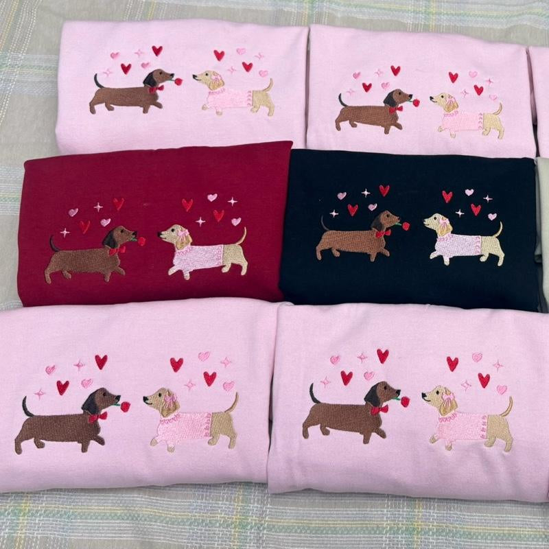 Dachshund Valentine’S Day Sweatshirt Embroidered Sweatshirt Valentines Doggie Cute Hearts Dog Embroidered Sweatshirt