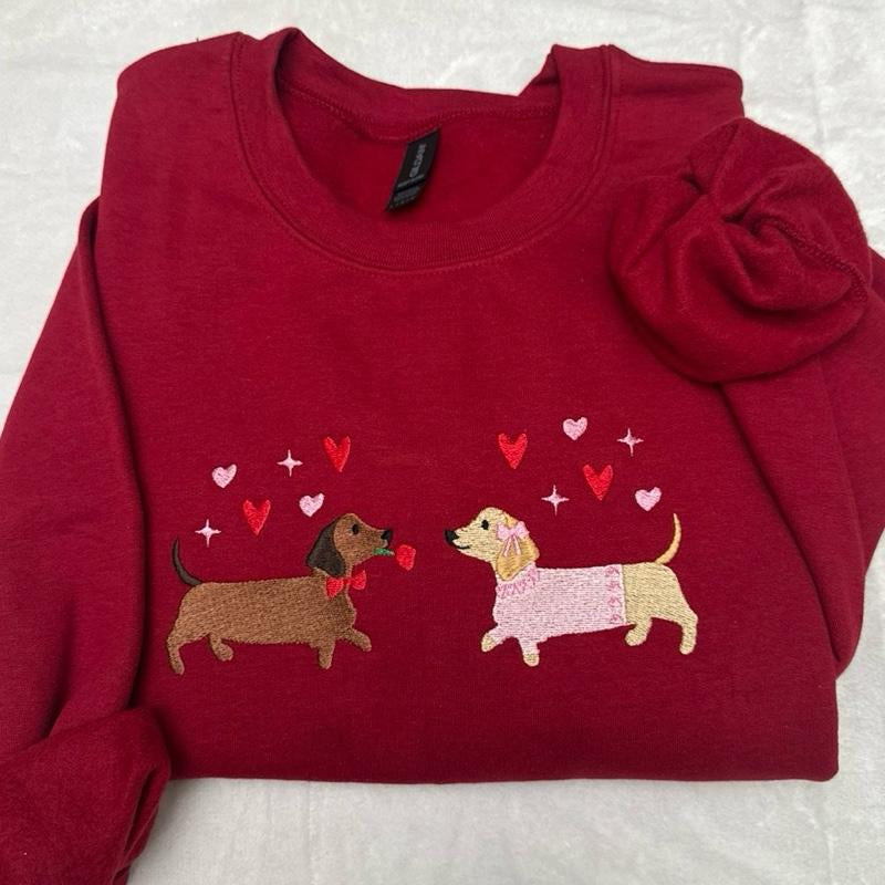 Dachshund Valentine’S Day Sweatshirt Embroidered Sweatshirt Valentines Doggie Cute Hearts Dog Embroidered Sweatshirt