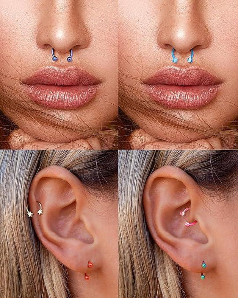 BESTEEL 24 PCS Septum Nose Rings for Women 16G - Hypoallergenic Horseshoe Lip Daith Piercing Jewelry Cute Small Stainless Surgical Steel Rook Conch Helix Tragus Daith Cartilage Earrings Hoops Set 10Mm