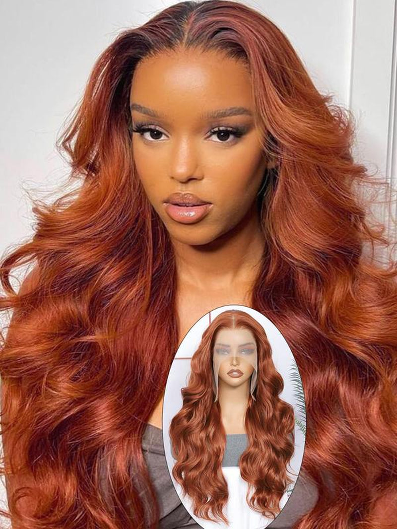 24 Inch Burgundy/Ginger Long Body Wavy Wigs for Women, Gorgeous Fluffy Wigs without Bangs, Synthetic Heat Resistant HD Lace Front Wigs for Party, Daily Use