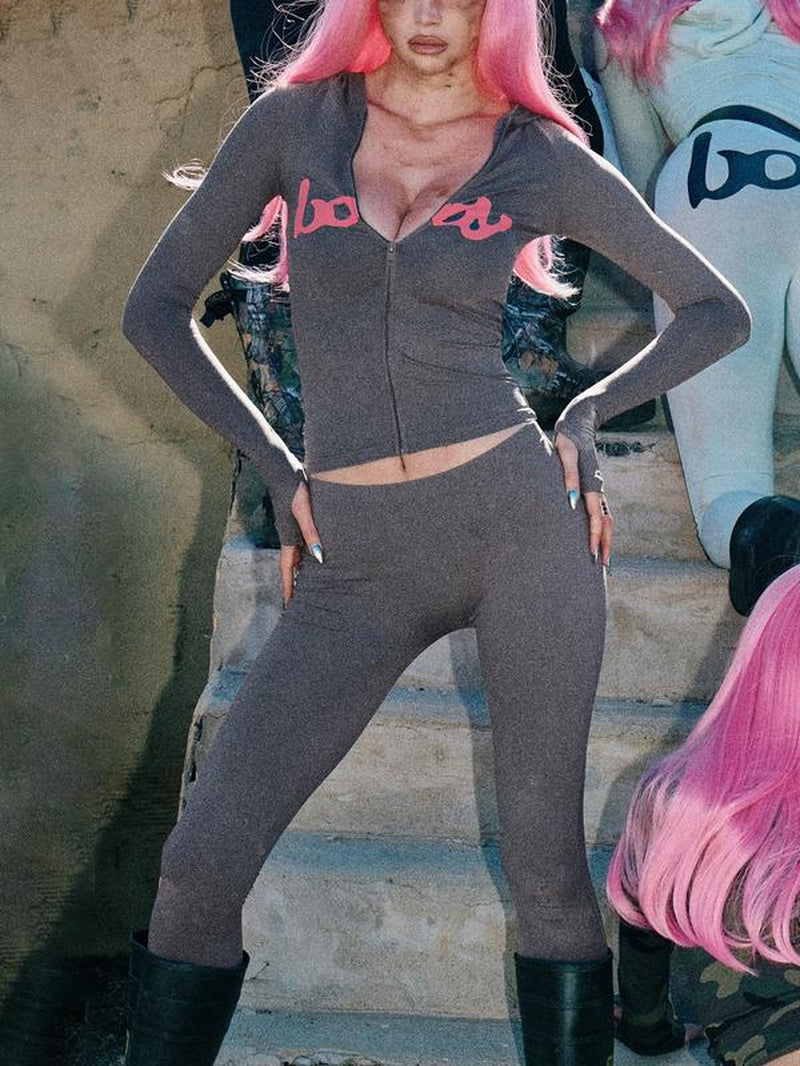 Women'S Two-Piece Set, Fall Winter Hooded Graphic Print Zipper Jacket and Pants Set, Casual Tight-Fit Daily Wear, Fashionable Ladies Clothing