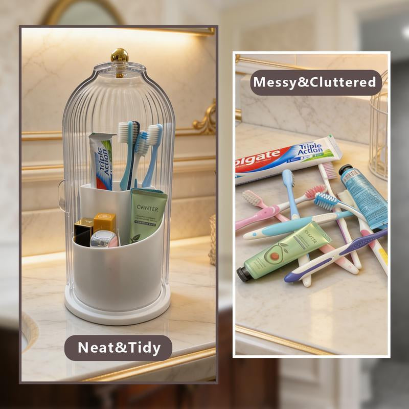 Dustproof Toothbrush Holders with Cover, Rotating Electric Toothbrush and Toothpaste Holder for Bathroom Countertop, 3 Slots Makeup Brushes Organizer, Transparent