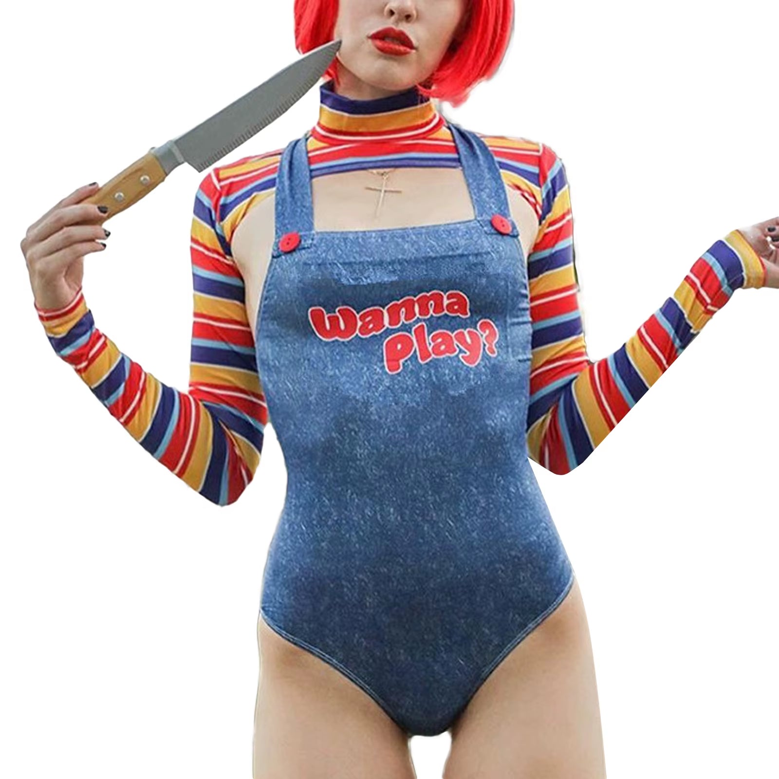 Women 2 Pcs Halloween Costumes Scary Nightmare Killer Doll Wanna Play Movie Character Costume Set Sling Jumpsuits Festival Rave