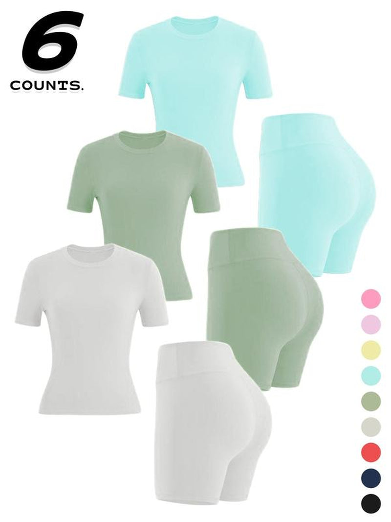 Women'S Two-Piece Set, Solid Color Tee & High Waist Skinny Shorts Tracksuit Set, Sporty Casual Breathable Set for Yoga Gym, Ladies Summer Sportswear, Activewear, Workout Running Clothes