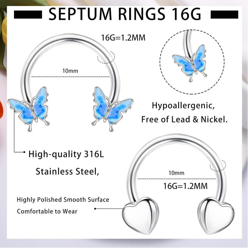 BESTEEL 24 PCS Septum Nose Rings for Women 16G - Hypoallergenic Horseshoe Lip Daith Piercing Jewelry Cute Small Stainless Surgical Steel Rook Conch Helix Tragus Daith Cartilage Earrings Hoops Set 10Mm