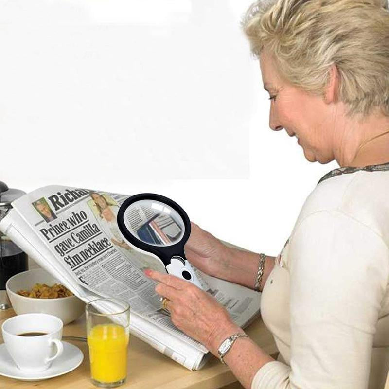 A 10X Handheld 3-Lamp LED Magnifying Glass for Reading and Magnifying Jewelry. It Is Perfect for Reading, Handicrafts, Hobbies, and Black-And-White Sewing. (Include 3 AAA Batteries of 1.5V Each)