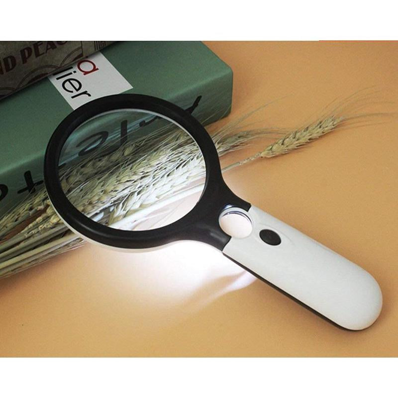 A 10X Handheld 3-Lamp LED Magnifying Glass for Reading and Magnifying Jewelry. It Is Perfect for Reading, Handicrafts, Hobbies, and Black-And-White Sewing. (Include 3 AAA Batteries of 1.5V Each)