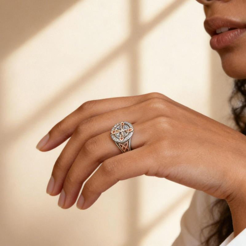 Rose Gold Plated Witches Knot Ring, Anillo Nudo De Bruja Original Celtic Knot Jewelry, Cubic Zirconia Decorated Witch’S Knot Ring, Witchtok Witch Jewelry Pagan Jewelry for Devotion and Protection Valentine’S Day Gift