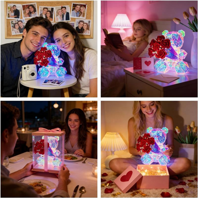 Valentine'S Day Decor: Glowing LED Rose Hugging Bear (Includes Gift Box) Battery and USB Powered Perfect for Valentine'S Day Gifts, Wife Gifts, Daughter Birthday Gifts, Couple Gifts