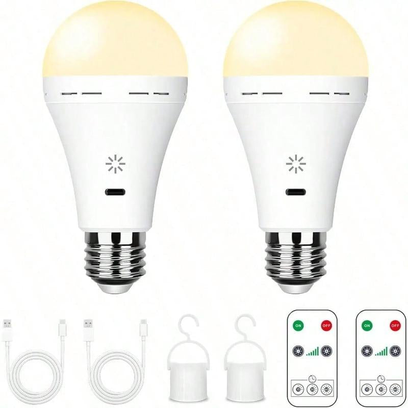 2PC USB-C Rechargeable LED Light Bulb with Remote Control - E27 Emergency Light, Dimmable 9W Bulb for Home Power Outage