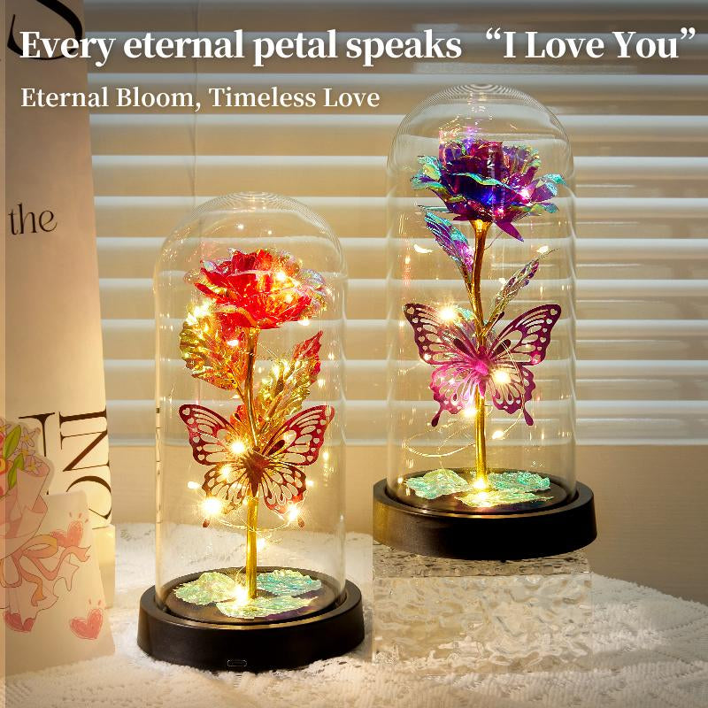 Valentines Day Rose Gifts for Her,Valentines Day Flowers Gifts for Mom Women Girlfriend,Birthday Gifts for Women,Valentines Gifts for Wife,Purple Butterfly Rose ，Colorful Light up Rose in a Glass Dome,Anniversary Valentines Roses Gift for Wife Daughter