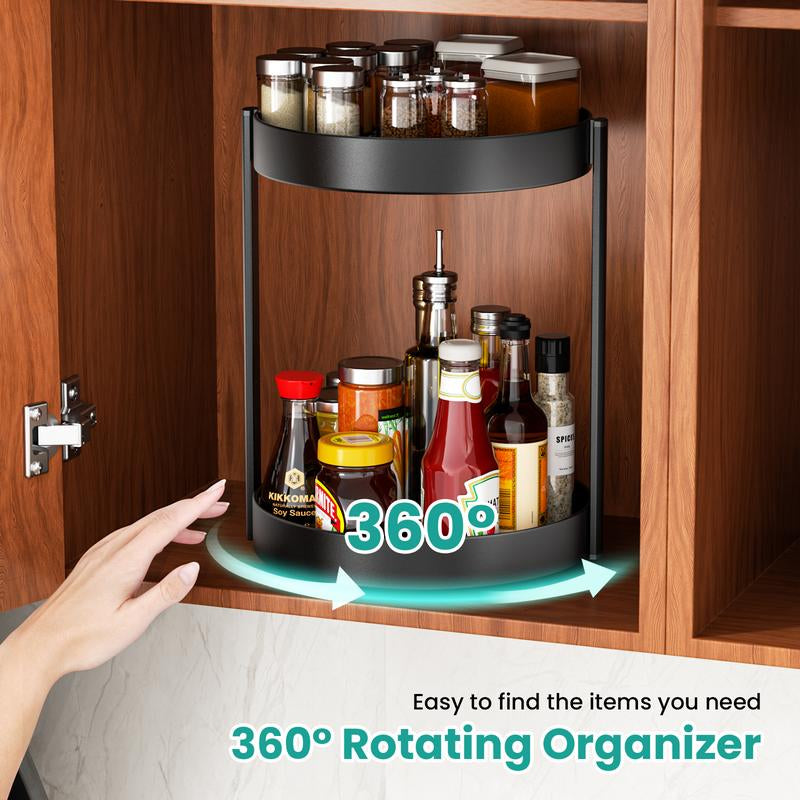 2-Layer Metal Rotating Storage Box, 360° Rotating Turntable, Suitable for Double-Layer Rotating Shelf Storage Boxes in Cabinets, Kitchens and Bathrooms, Rust-Proof Double-Layer Rotating Tray Rotating Storage Box, for Spice Racks and Countertops, Black