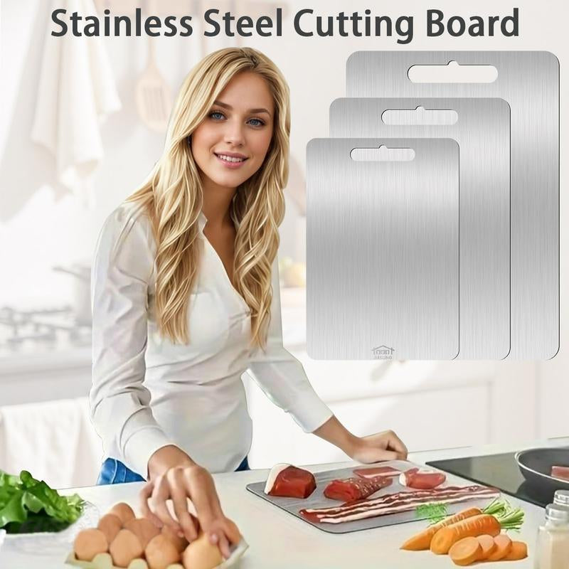 3PCS Stainless Steel Cutting Board Set S+M+L Sizes Food-Grade Metal Chopping Boards for Meat Vegetables & Ultrathin & Durable, Portable & Rust-Resistant Easy to Clean More Edge-Smoothing Kitchen Tools - Kitchenware