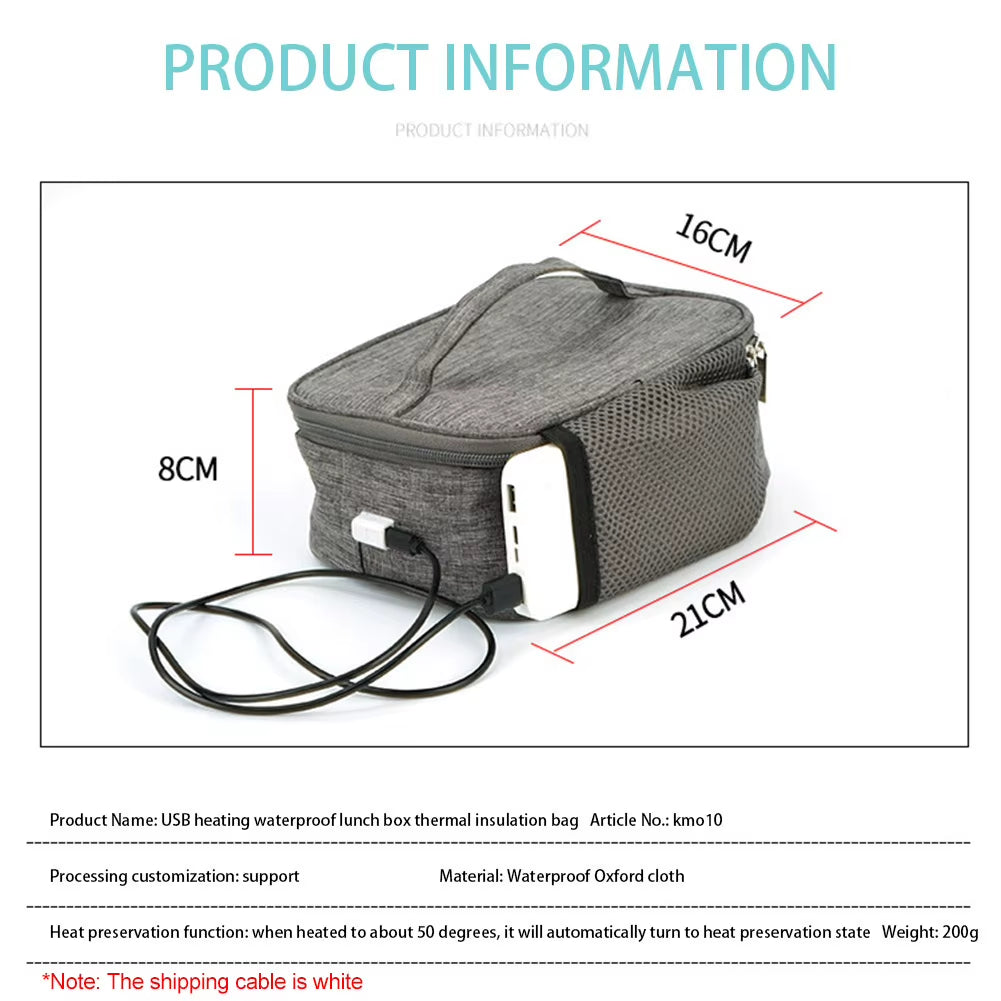 USB Heating Lunch Box Bag Electric Food Heater Oxford Cloth Insulated Food Bag Waterproof Large Capacity for Travel Office