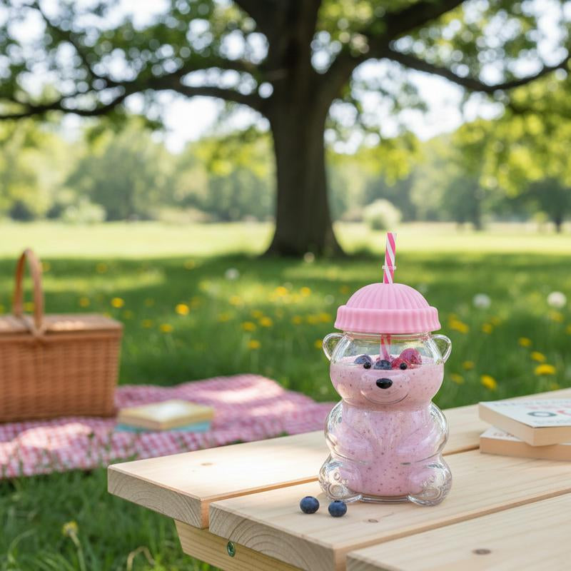Holiday Bear Glass Cup with Straw, Cute Bear Cold Drink Cup, Festive Coffee & Beverage Glass, Adorable Bear Cup with Green Hat Lid, 2025 Seasonal Drinkware