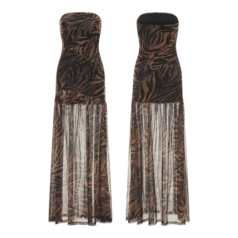 Women'S Tube Top Dressstrapless Backless Mesh Patchwork Tropical Leopard Print High Slit Long Dress for Party Club Night