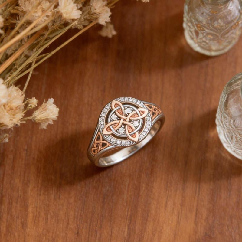 Rose Gold Plated Witches Knot Ring, Anillo Nudo De Bruja Original Celtic Knot Jewelry, Cubic Zirconia Decorated Witch’S Knot Ring, Witchtok Witch Jewelry Pagan Jewelry for Devotion and Protection Valentine’S Day Gift