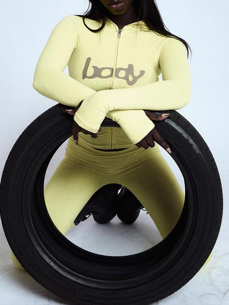 Women'S Two-Piece Set, Fall Winter Hooded Graphic Print Zipper Jacket and Pants Set, Casual Tight-Fit Daily Wear, Fashionable Ladies Clothing