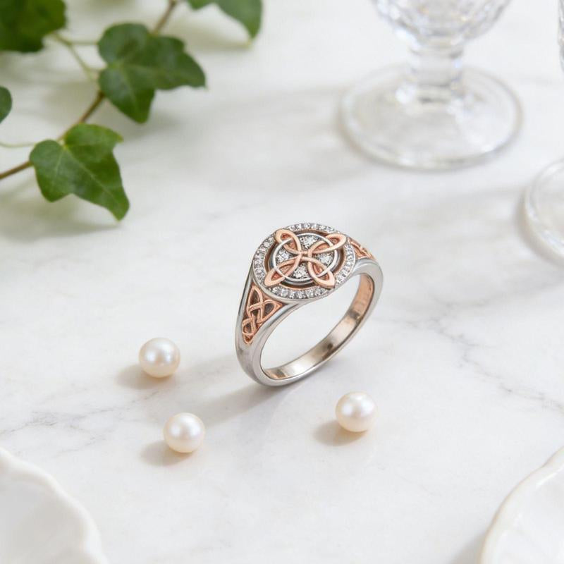 Rose Gold Plated Witches Knot Ring, Anillo Nudo De Bruja Original Celtic Knot Jewelry, Cubic Zirconia Decorated Witch’S Knot Ring, Witchtok Witch Jewelry Pagan Jewelry for Devotion and Protection Valentine’S Day Gift