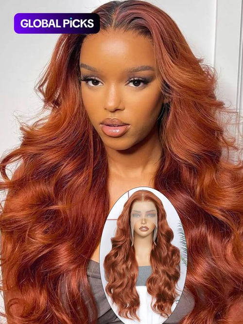24 Inch Burgundy/Ginger Long Body Wavy Wigs for Women, Gorgeous Fluffy Wigs without Bangs, Synthetic Heat Resistant HD Lace Front Wigs for Party, Daily Use