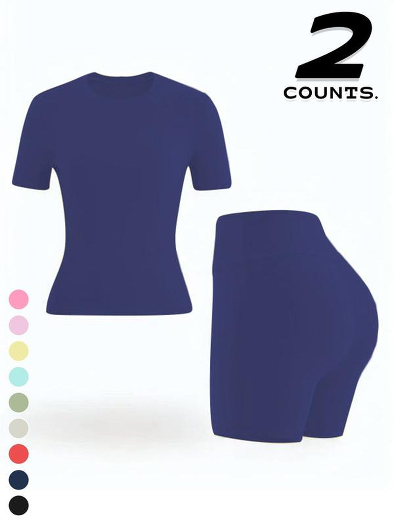 Women'S Two-Piece Set, Solid Color Tee & High Waist Skinny Shorts Tracksuit Set, Sporty Casual Breathable Set for Yoga Gym, Ladies Summer Sportswear, Activewear, Workout Running Clothes