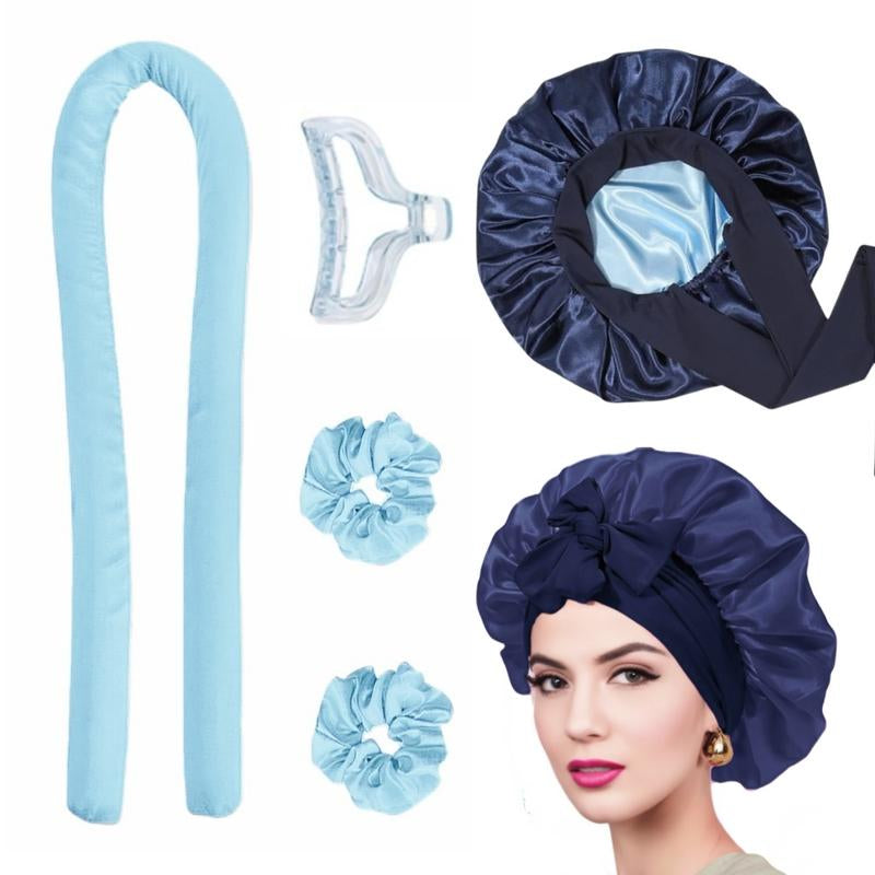 Heatless Hair Curler Kit Silk Double Layer Bonnet with Heatless Curling Rod Set, Overnight Curl Kit to Sleep In, Satin Lined Hair Bonnet and Heatless Curls Headband for Women Natural Curly Shower Cap Sleep Cap Home Bathroom Decor Summer Back to School