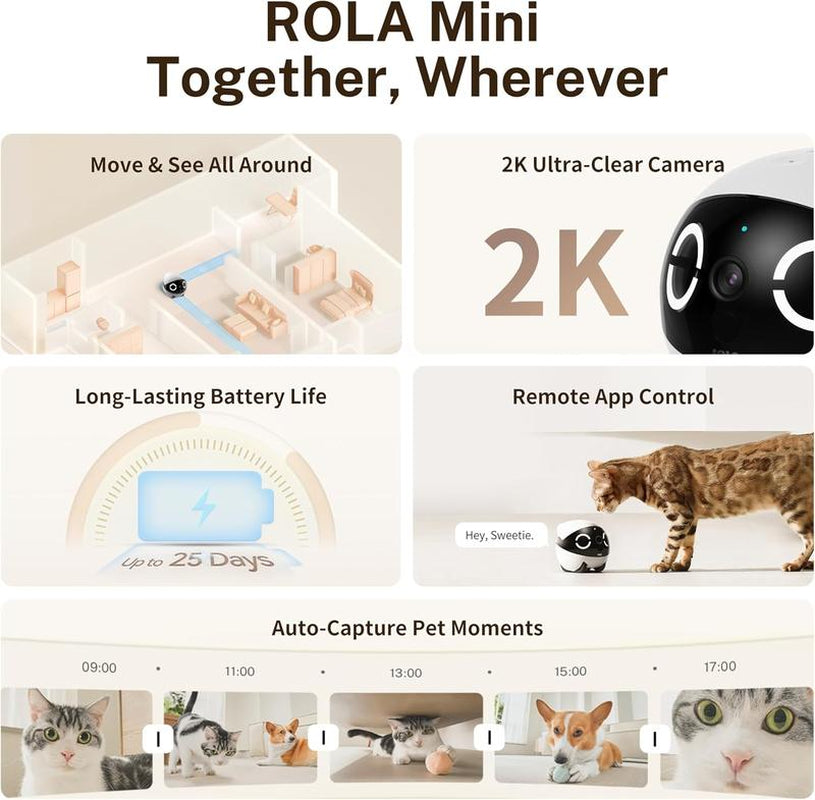 Enabot EBO 2K Camera Robot ROLA Mini Movable Pet Camera Battery-Powered with Phone App Indoor Cam W One-Touch Call 2-Way Talk Night Vision Motion Detection Video Recording Robot Dog
