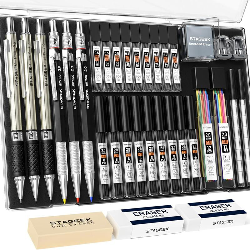 STAGEEK 6 Pack Art Mechanical Pencil Set, Drafting Pencil,3Pack Metal Drafting Pencil 0.5 Mm & 0.7 Mm & 0.9 Mm & 3Pack 2Mm Graphite Lead Holder (2B HB 2H) with 492PCS Leads (6B 4B 2B HB 2H 4H Color)For Writing, Sketching Drawing with Lead Refills Case
