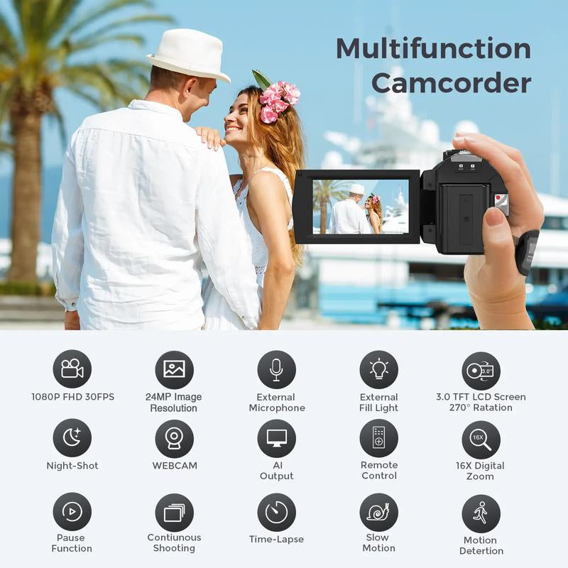 Video Camera Youtube Vlogging Camera Recorder FHD 1080P 24.0MP 3.0 Inch 270 Degree Rotation Screen 16X Digital Zoom Camcorder with Microphone,Remote Control