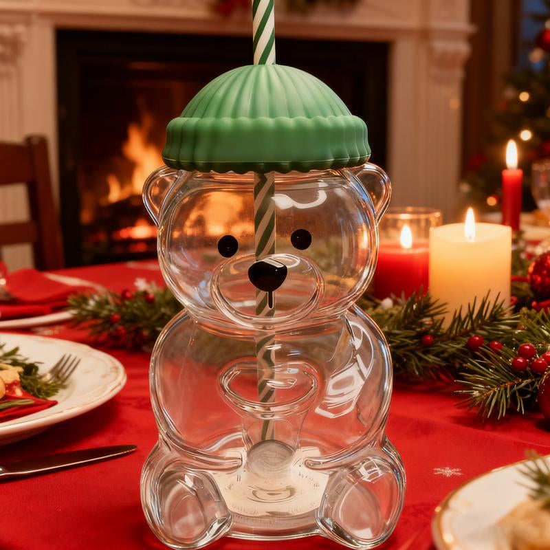 Holiday Bear Glass Cup with Straw, Cute Bear Cold Drink Cup, Festive Coffee & Beverage Glass, Adorable Bear Cup with Green Hat Lid, 2025 Seasonal Drinkware
