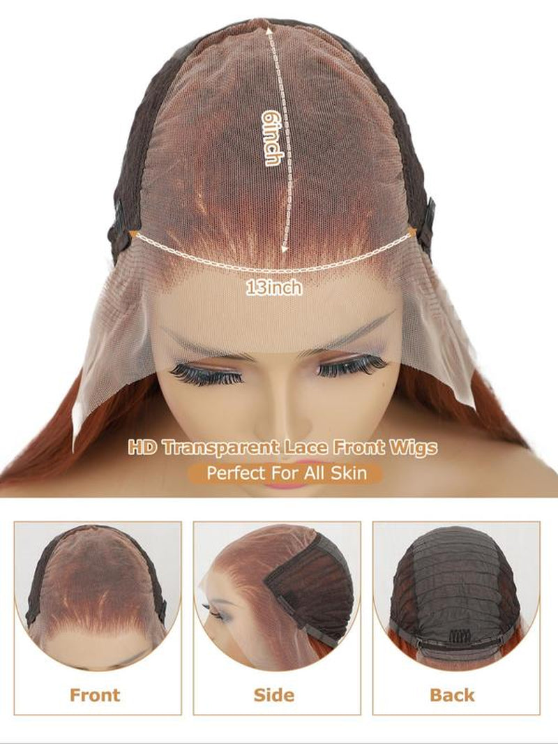 24 Inch Burgundy/Ginger Long Body Wavy Wigs for Women, Gorgeous Fluffy Wigs without Bangs, Synthetic Heat Resistant HD Lace Front Wigs for Party, Daily Use