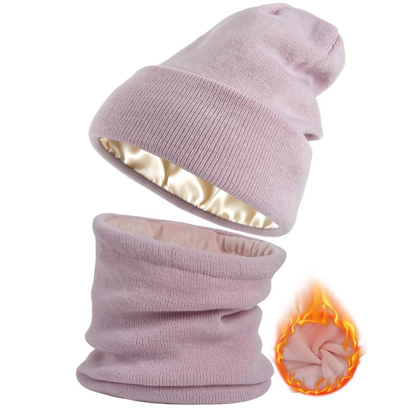 [Buy 1 Hat Get 1 Free Neck Gaiter] Viyawise Satin Lining Solid Color Beanie Hat for Men & Women - Ultra Soft, Stretchy Ribbed Knit, Foldable Design for Daily Use & Outdoor Activities Ear Cover Warm