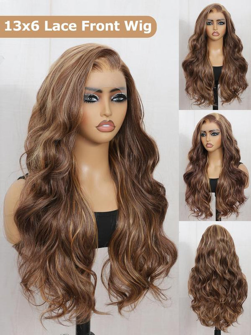 24 Inch Burgundy/Ginger Long Body Wavy Wigs for Women, Gorgeous Fluffy Wigs without Bangs, Synthetic Heat Resistant HD Lace Front Wigs for Party, Daily Use