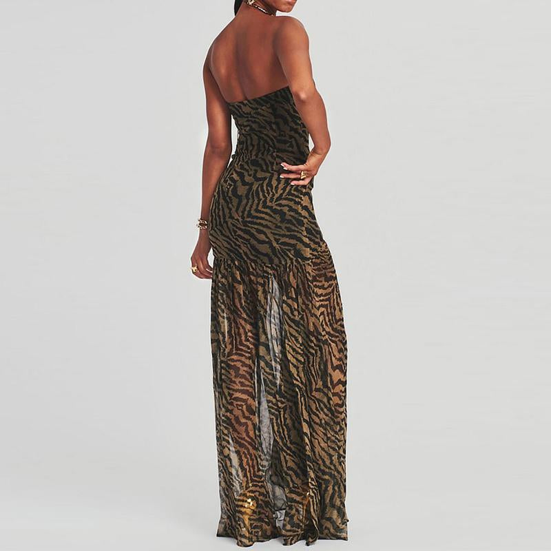 Women'S Tube Top Dressstrapless Backless Mesh Patchwork Tropical Leopard Print High Slit Long Dress for Party Club Night