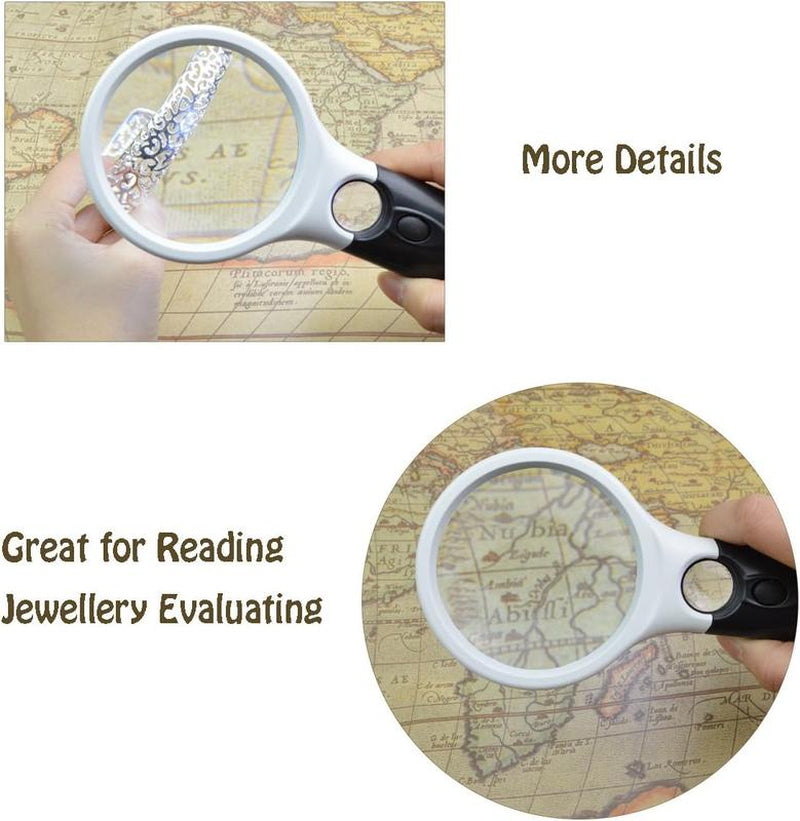 A 10X Handheld 3-Lamp LED Magnifying Glass for Reading and Magnifying Jewelry. It Is Perfect for Reading, Handicrafts, Hobbies, and Black-And-White Sewing. (Include 3 AAA Batteries of 1.5V Each)