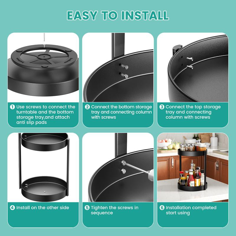 2-Layer Metal Rotating Storage Box, 360° Rotating Turntable, Suitable for Double-Layer Rotating Shelf Storage Boxes in Cabinets, Kitchens and Bathrooms, Rust-Proof Double-Layer Rotating Tray Rotating Storage Box, for Spice Racks and Countertops, Black