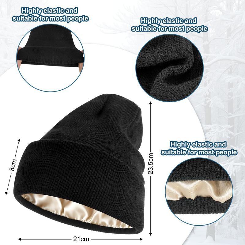 [Buy 1 Hat Get 1 Free Neck Gaiter] Viyawise Satin Lining Solid Color Beanie Hat for Men & Women - Ultra Soft, Stretchy Ribbed Knit, Foldable Design for Daily Use & Outdoor Activities Ear Cover Warm