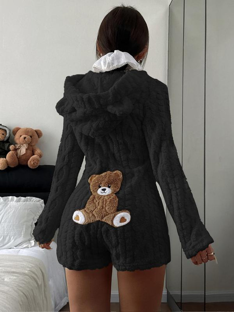 Women'S Cute Teddy Bear Embroidered Hooded Fleece Sweatshirt, Comfortable Fashion Design, Perfect Gift for Her, Daily Wear