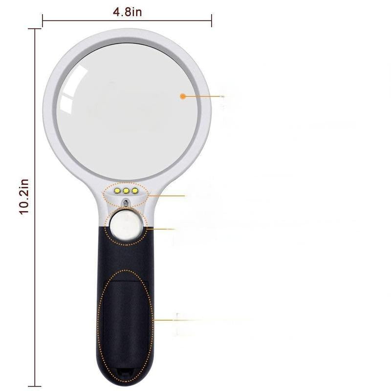 A 10X Handheld 3-Lamp LED Magnifying Glass for Reading and Magnifying Jewelry. It Is Perfect for Reading, Handicrafts, Hobbies, and Black-And-White Sewing. (Include 3 AAA Batteries of 1.5V Each)