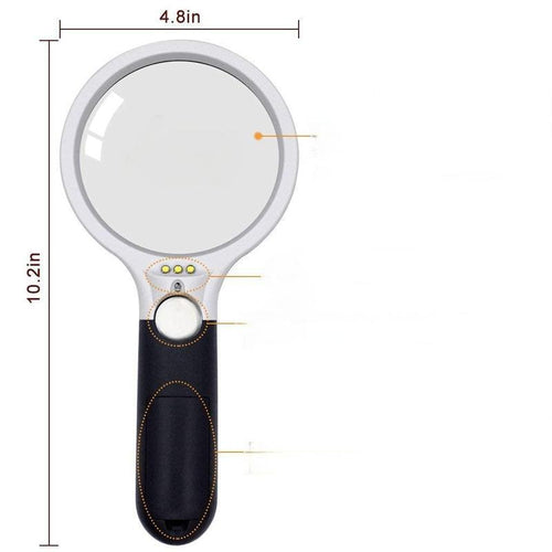 A 10X Handheld 3-Lamp LED Magnifying Glass for Reading and Magnifying Jewelry. It Is Perfect for Reading, Handicrafts, Hobbies, and Black-And-White Sewing. (Include 3 AAA Batteries of 1.5V Each)
