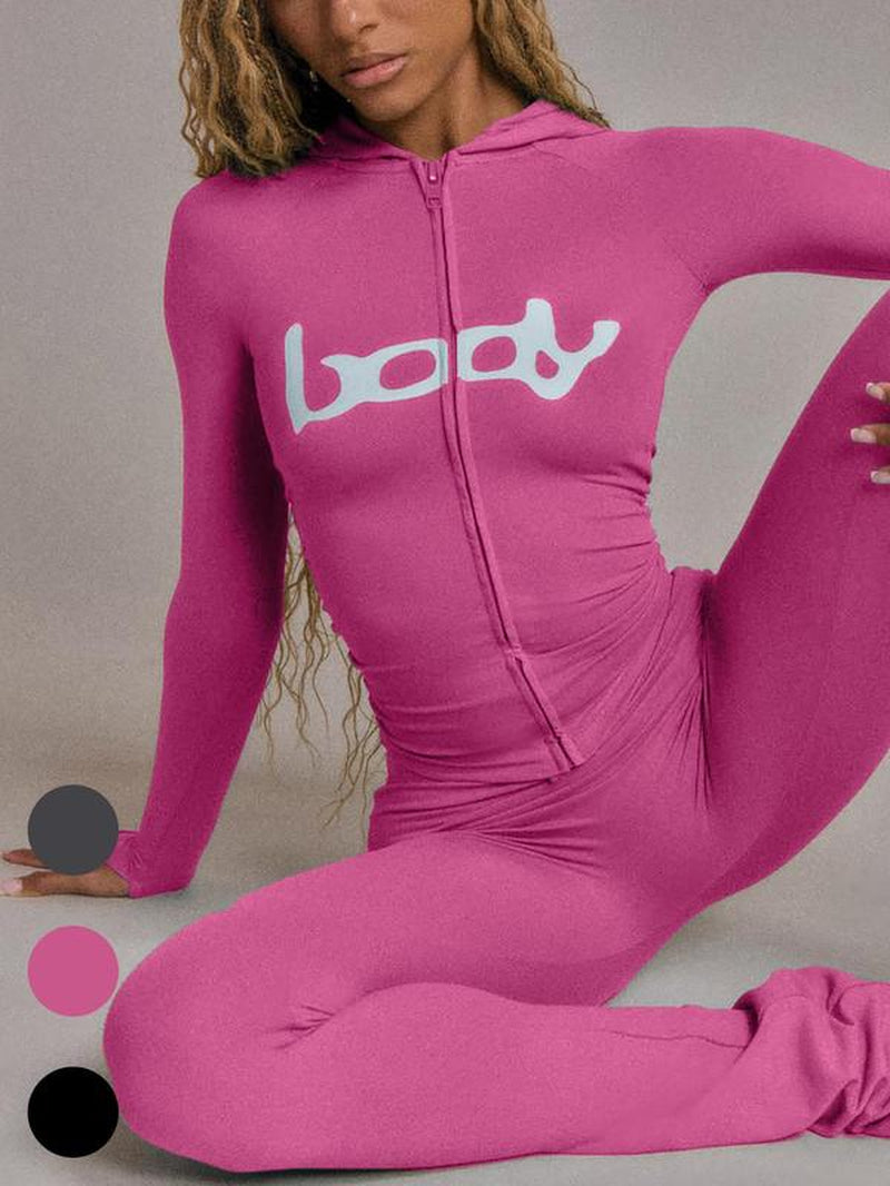 Women'S Two-Piece Set, Fall Winter Hooded Graphic Print Zipper Jacket and Pants Set, Casual Tight-Fit Daily Wear, Fashionable Ladies Clothing