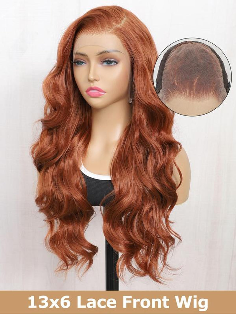 24 Inch Burgundy/Ginger Long Body Wavy Wigs for Women, Gorgeous Fluffy Wigs without Bangs, Synthetic Heat Resistant HD Lace Front Wigs for Party, Daily Use