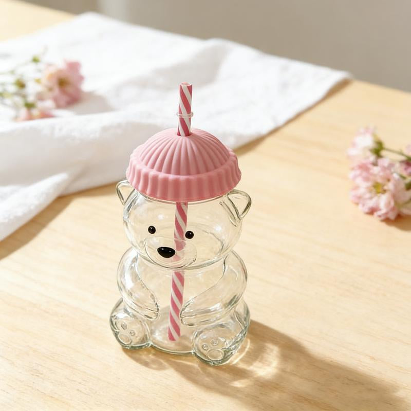 Holiday Bear Glass Cup with Straw, Cute Bear Cold Drink Cup, Festive Coffee & Beverage Glass, Adorable Bear Cup with Green Hat Lid, 2025 Seasonal Drinkware