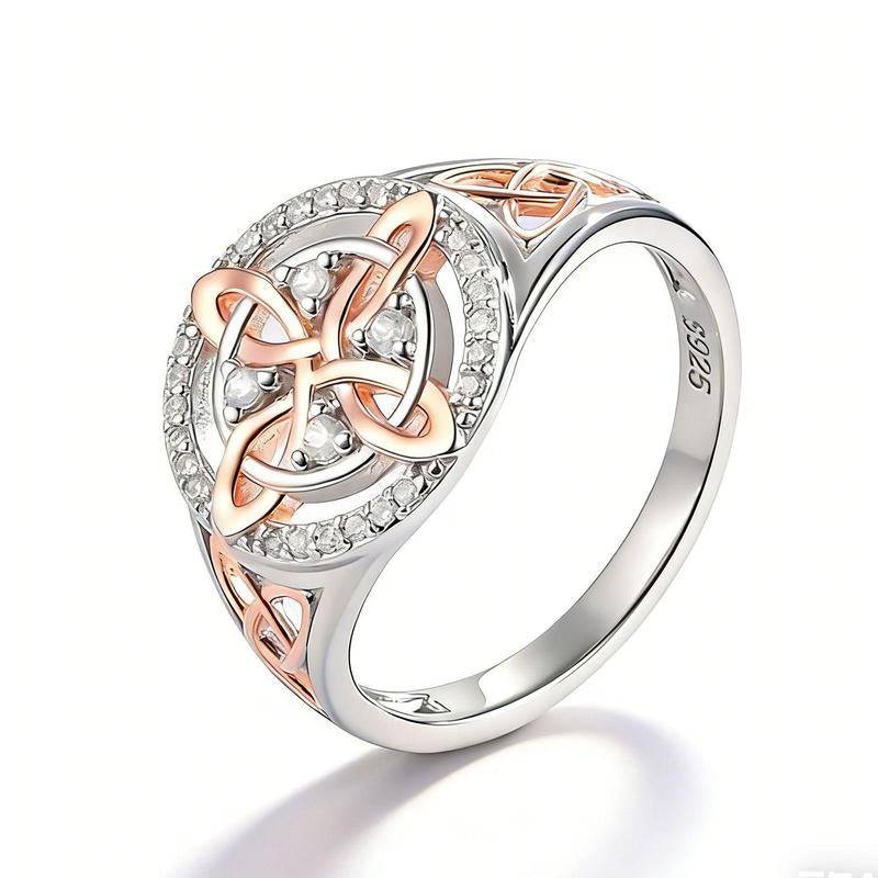 Rose Gold Plated Witches Knot Ring, Anillo Nudo De Bruja Original Celtic Knot Jewelry, Cubic Zirconia Decorated Witch’S Knot Ring, Witchtok Witch Jewelry Pagan Jewelry for Devotion and Protection Valentine’S Day Gift