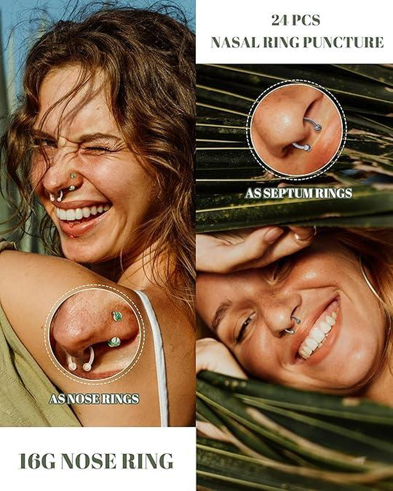 BESTEEL 24 PCS Septum Nose Rings for Women 16G - Hypoallergenic Horseshoe Lip Daith Piercing Jewelry Cute Small Stainless Surgical Steel Rook Conch Helix Tragus Daith Cartilage Earrings Hoops Set 10Mm