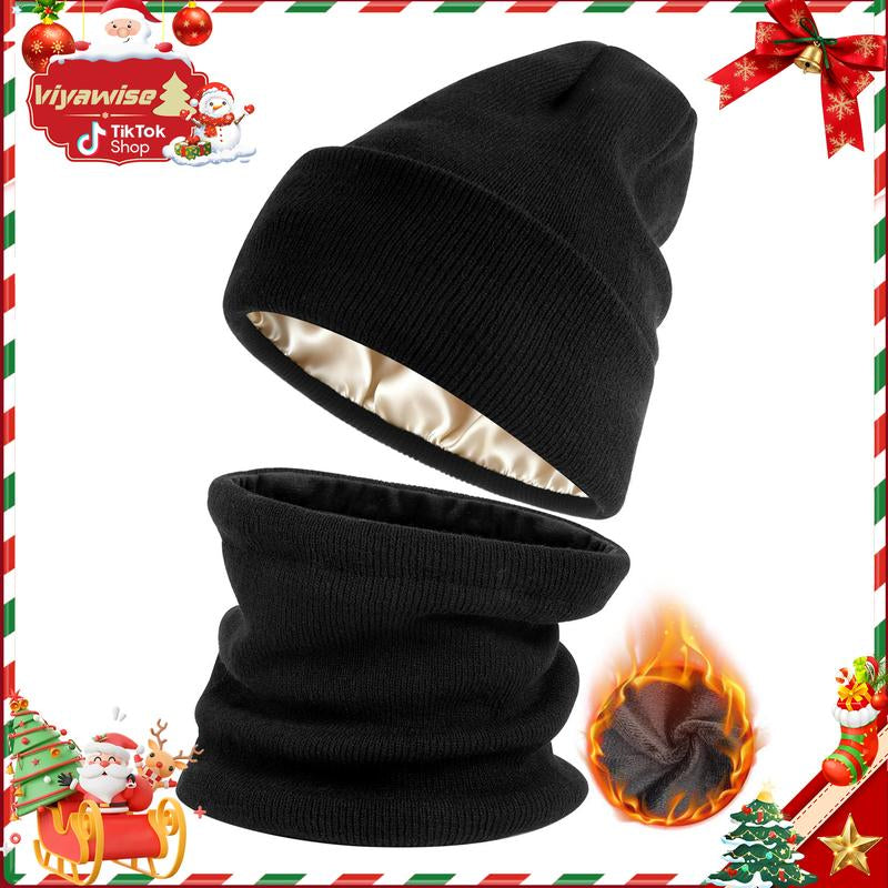 [Buy 1 Hat Get 1 Free Neck Gaiter] Viyawise Satin Lining Solid Color Beanie Hat for Men & Women - Ultra Soft, Stretchy Ribbed Knit, Foldable Design for Daily Use & Outdoor Activities Ear Cover Warm